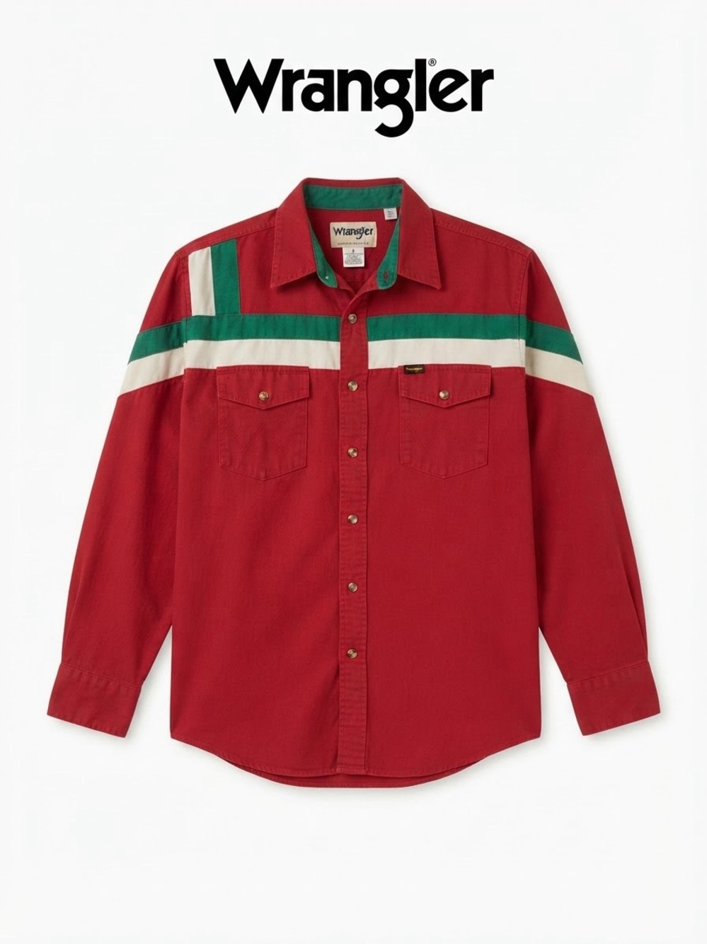 Wrangler Men’s Red Western Shirt with Green & White Stripes Size L